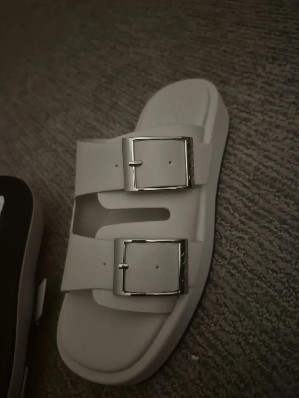DKNY White Double-Buckle Slide Sandals with Silver Buckles